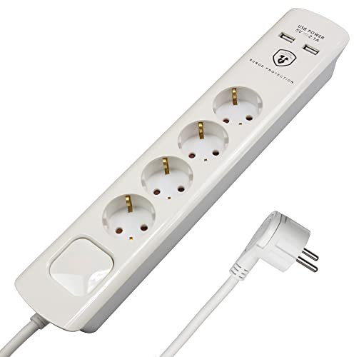 FeinTech MD000432 4-fach Steckdosenleiste mit USB Ladegerät 1,5m Kabel mit Flachstecker, 3680 W