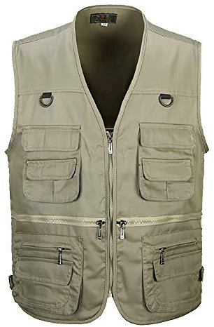Daoba Herren Safari-Weste mit vielen praktischen Taschen, funktionale Arbeitsweste, Outdoor-Weste (Beige, S)