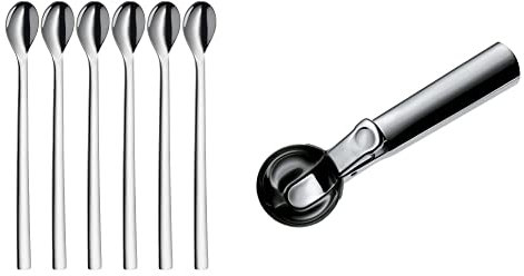 WMF Nuova Longdrinklöffel 6-teilig, Lange Löffel 22 cm, Latte Macchiato Löffel & Gourmet Eisportionierer 18 cm, Eislöffel mit Auswerfer, Cromargan Edelstahl poliert