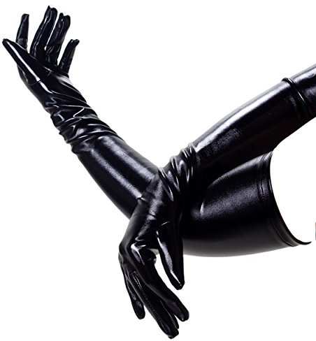 Rubberfashion Lange Lack Handschuhe lang glänzend - lange Abendhandschuhe für Domina und Catwoman Outfit/Kostüm oberarmlang Lack Schwarz XXL