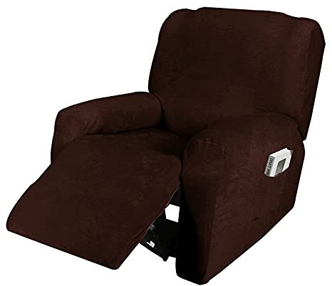 Housse de Fauteuil Inclinable Relax 1 Pièce en Velours - Extensible, Lavable, Pour Fauteuil de Massage - Protecteur de Fauteuil Inclinable (1 Place, 4 Pièces, Marron)