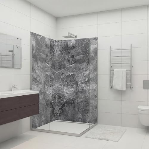 dedeco Eck-Duschrückwand wasserfest Motiv: Marmor V11, UV-Lack matt, 2 x 90x200 cm, als Badrückwand zum Fliesenersatz, als Dekorwand, Wandverkleidung und Duschplatte aus Aluminium - Made in Germany