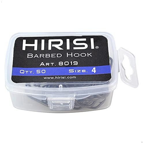 Hirisi 8019 Angelhaken Größe 4 mit Widerhaken Karpfenhaken mit Öse zum Karpfenangeln, Kohlenstoffstahl, Boiliehaken Ansitzangeln, Verschiedene Größen, 1er Pack (50 Stück)