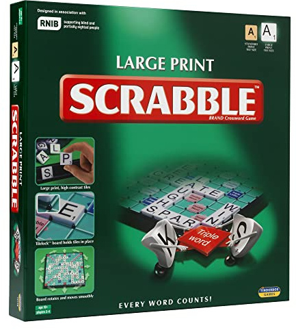 Ideal | Large Print Scrabble: Extra board with clear, large-print text and letter tiles | Games | Word | For 2-4 Players | Ages 10+, 11213, Green, Board: 37cm x 37cm / Tiles: 2.3cm x 2.3cm