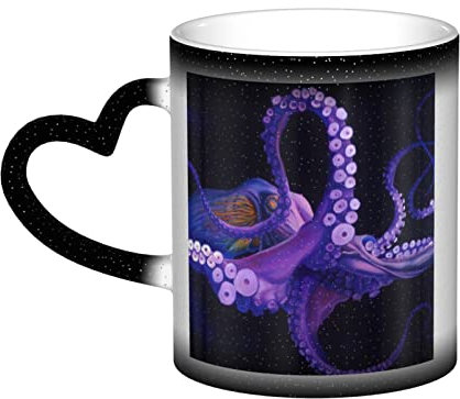 Aseelo Heat Changing Ceramic Mugs Purple Octopus Coffee Cups with Heart-Shaped Handle for Coffee, Drink, Tea, Xmas Party Decoration, Fun Gift