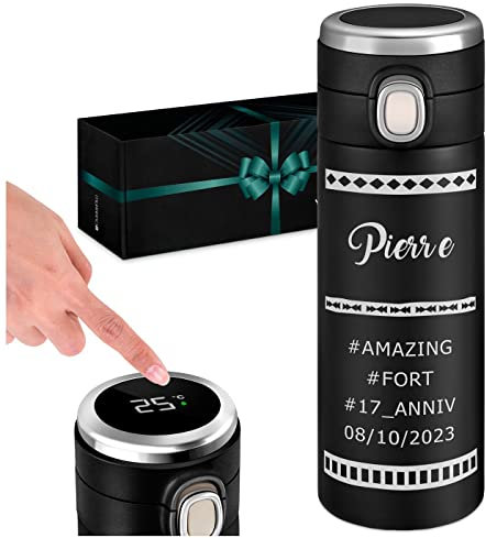 Maverton Gourde Isotherme Personnalisable - Mug hermétique 400ml avec gravure - Cadeau Homme - pour café - thé - Bouteille Isotherme avec afficheur LED - Cadeau Anniversaire Homme- anniv