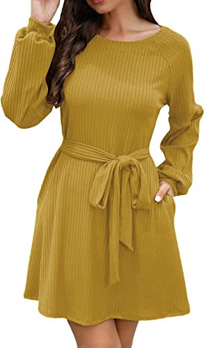 DGZTWLL Damen-Rundhals-Langarm-Kleid, einfarbig, Taillen-Krawattentasche, Freizeitkleid Maxikleid Sommer Große Größen