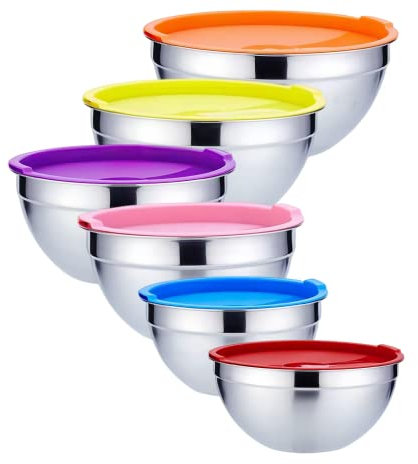 Mixing Bowl Set of 6,Stainless Steel Baking Nesting Bowls Set with Multicolord Lids,Metal Salad Bowls for Baking Serving, Non-Toxic & Rust Free, Versatile & Dishwasher Safe (0.7/1/1.4/2.5/3.4/4.1QT)
