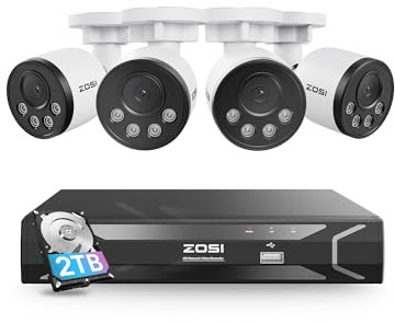 ZOSI 5MP PoE CCTV Camera System with Human Detection, 4X 4MP Outdoor Indoor Home Security Cameras and 8CH H.265+ 5MP PoE NVR Built-in 2TB HDD, 100ft Night Vision, Remote Access, 24/7 Recording