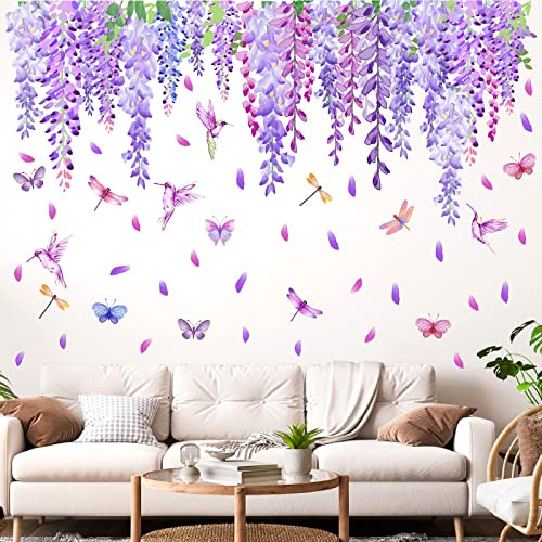 Flower Vine Wall Stickers Hanging Flower Wall Stickers Purple Floral Wall Decals Peel and Stick Wisteria Window Decals Summer Garden Flowers Wall Decals for Bedroom Living Room Decor