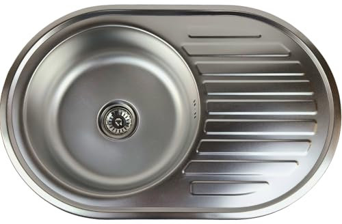ANW HOME Fregadero de cocina de acero inoxidable con escurridor 77x50 cm con sifón, pequeño fregadero redondo, fregadero de montaje superior de un solo seno satinado