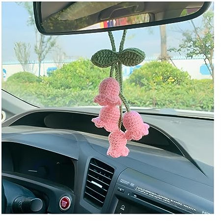 JNNJ Autospiegel Anhänger, Gehäkelte Glockenblumen Anhänger, Auto Spiegel Hanging Charms Zubehör Blume Hand Gestrickt Auto Dekor Für Männer- Und Damenzubehör(Rosa)