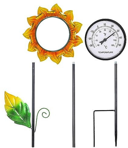 Genikeer Jardin Extérieur Solaire, 40 Pouces Thermomètre Extérieur Décoratif avec Piquet en Métal, Thermomètre AnalogiqueTournesol pour Pelouse, Cour, Patio