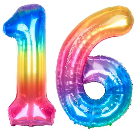 Ponmoo 40 Zoll Foil Luftballon Zahlen 16/61 Neon Regenbogen (101cm), Helium oder Luft, Riesige Folienballons Nummer 0-100, Große Ballons für Hochzeitstag und Geburtstagsparty Ballon Dekoration
