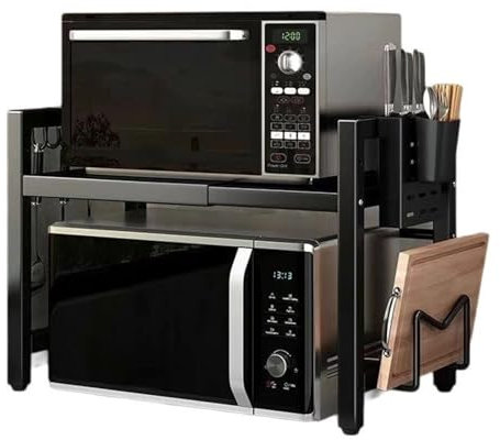 Felenny Expandable Microwave Oven Rack Shelf Kitchen Countertop Organizer Stand with 6 Hooks Knife Block Chopping Board Stand, Kitchen Storage Organizer Counter Shelf Stand