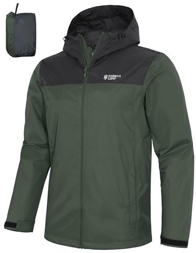 Pioneer Camp Herren Regenjacke Wasserdicht Atmungsaktiv Leichte Winddicht Windbreaker Outdoorjacke with Reißverschluss Taschen und Kapuze Army Green L