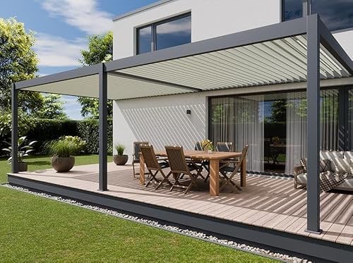 Direct ABRIS Pergola Bioclimatique Aluminium Adossee 32m² - 4x8 - Anthracite - Lames Orientables Jusqu’a 120° - Etanche - Traite Anti-UV - Halo