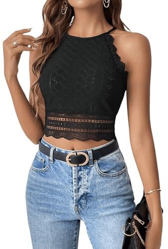 GORGLITTER Spitzen Top Damen Elegant Crop Top Mit Spitze Neckholder Top Bauchfrei Kurzes Top Schwarz M