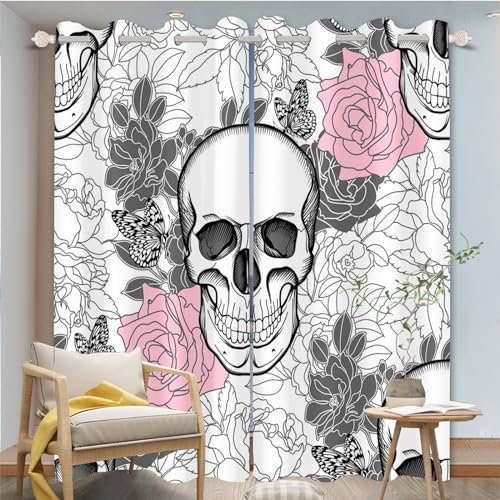 FABTOP Totenkopf Verdunkelungsvorhänge 3D Totenkopf Muster Ösen Vorhang 2Er Set Schädel Rosen Gothic Vorhänge Blickdicht Totenkopf Blumen Gardinen Für Schlafzimmer (4,183×160BxH (91.5×160cm×2))