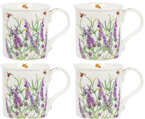 Tamersgifts Set of 4 Floral Mugs Set 330ml Fine China Coffee Tea Cups Home (Lavender)