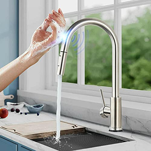 YOtat Robinet De Cuisine Brossé À Capteur Tactile, Pulvérisateur Extractible, Robinets Mélangeurs D'Évier À Induction