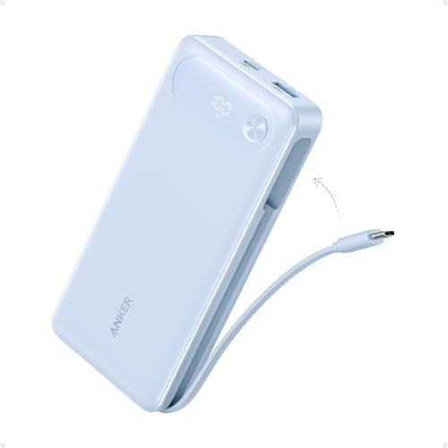 Anker Power Bank, 20,000mAh Travel Essential Portable Charger with Built-in USB-C Cable, 3-Port 87W Max Fast Charging Battery Pack, for MacBook, iPhone 16/15 Series, Samsung, Switch, and More