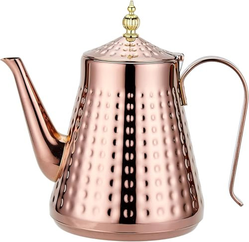 SANQIAHOME 1,65l (54 oz) Teekanne mit Edelstahlhammermuster, mit Siebeinsatz, mit Teesiebgriff, loser Blattabdeckung, Kupferfarben