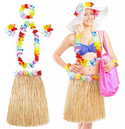 Aomig Disfraz Hawaiana Falda de Paja, 5 Pcs Set Hawaiano con Collar Pulsera Guirnalda Diadema Hawaiano, Falda Hawaiana Hierba para Niñas Mujer Adultos para Playa Fiestas Temáticas, Color Paja-60cm