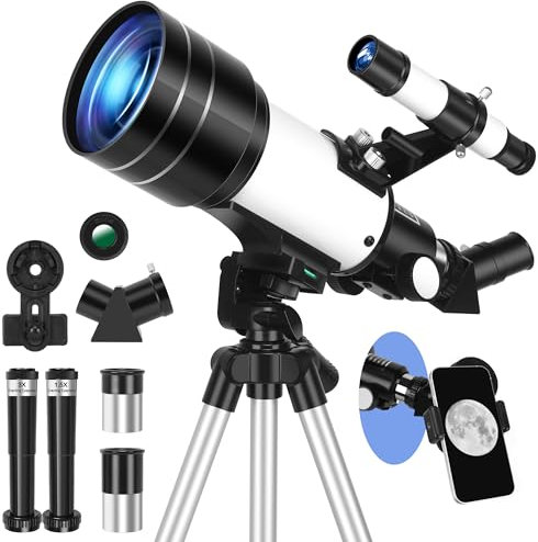 HUGERSTAR Télescope Astronomique 70/400mm (20x-200x) pour Adultes, Enfants et Débutants - Réfracteur Professionnel avec Adaptateur de Téléphone et Filtre Lunaire