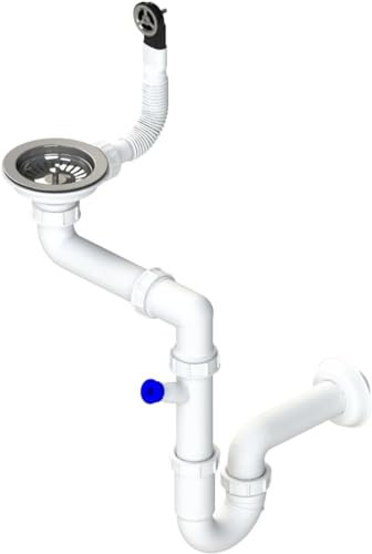 GRANMASTER Siphon Küchenspüle Manuelle 1-Kammer Raumsparsiphon - Syphon - Ablaufgarnitur für Spüle - Made in Italy - Anschluss an der Unterseite: 1 1/2 Siebkorb Excenterventil 3 1/2 - 30x25x35cm