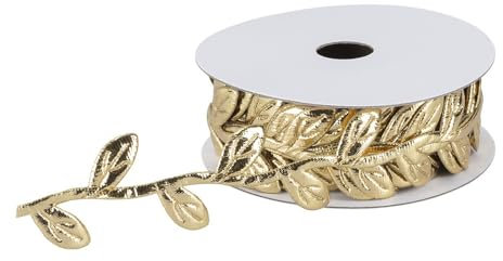 Ideen mit Herz Cinta de tela, diseño de hojas, metálico, para regalo, 5 m de largo, 2,3 cm de ancho (dorado)