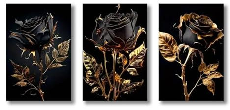 Schwarze und goldene Rose Leinwanddruck Bilder XXL Malerei, moderne Kunst, Flora, Poster und Drucke auf Leinwand, Poster, Wandkunst, Heimdekoration, 70 x 100 cm x 3, ohne Rahmen