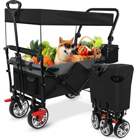 HOMELUX Bollerwagen faltbar mit Dach Handwagen Transportwagen klappbar Vollgummi-Reifen | bis 80 kg | nutzbar als Gartenwagen, Handwagen & Transportwagen, Schwarz