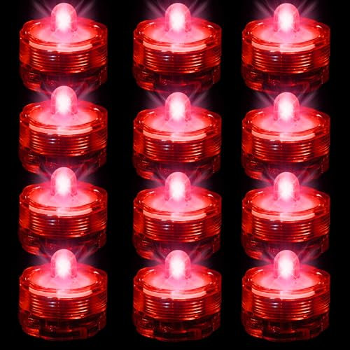 Editbar Flammenlose LED Kerzen Teelichter,12 Stück Mini Unterwasser Licht mit Batteries,Wasserdicht LED Teichbeleuchtung Dekolichter für Teich, Pool,Party, Hochzeit, Garten - Rot Licht