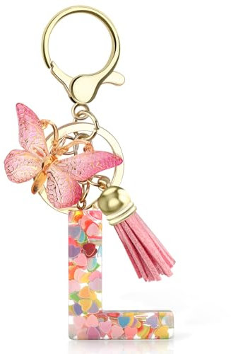 GlasFlength Schlüsselanhänger Buchstabe L für Mädchen - Mit Anfangsbuchstaben und Schmetterling - Keychain für Handytaschen und Rucksack - Für Frauen in Rosa