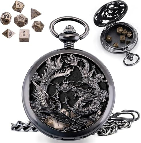 ManChDa Mini DND Würfel Set Steampunk Drache & Phoenix Taschenuhr Gehäuse, 7-Teilig Polyedrisches Metall D&D Würfel Set, DND Geschenke mit Geschenk Box, Rollenspiel Brettspiel Zubehör Würfel, Schwarz
