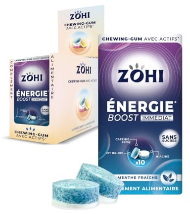 ZOHI Chewing-gum sans sucres avec actifs - Boost Energie - Goût menthe fraîche - Complément alimentaire avec édulcorants - Boîte de 12 plaquettes de 10 chewing-gums