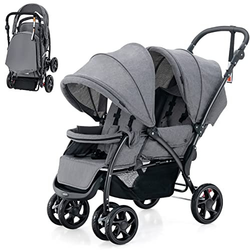 COSTWAY Poussette Tandem Double Pliable avec Auvent & Dossier Réglable, Poussette Landau Bébé avec Ceinture de Sécurité, Roues Verrouillables avec Freins, Pliable à une Main, Charge 30kg (Gris)