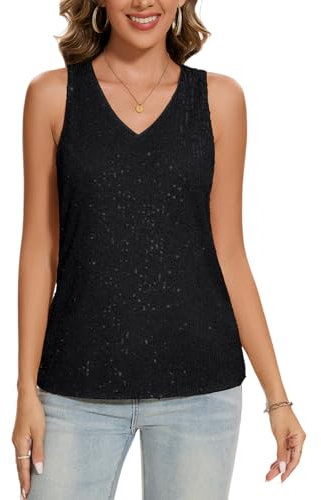 MINTLIMIT Damen Pailletten Metallic Bluse Ärmellos Tank Top Läsiges V-Ausschnitt Oberteil Lose (Schwarz XL)