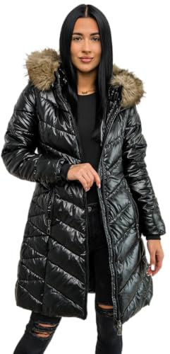 BOLF Damen Wintermantel Winterjacke Mantel Steppjacke Daunenjacke Outdoorjacke Wärme Pufferjacke Leichte Reißverschluss Stehkragen Kapuze Zip Freizeit Sport Basic Casual 16M9100 Schwarz-Braun XL [D4D]