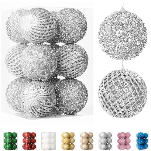 Fassory 12Pcs 8CM Silver Christmas Baubles, Xmas Balls Hanging Ornaments for Christmas Tree Decorations (Silver, 8cm)