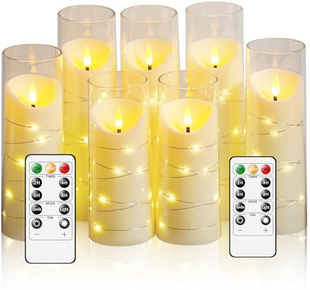 JINYANIA Flammenlose LED Kerzen, Batteriebetriebene Stumpenkerzen mit eingebetteter Sternschnur-Lichterkette, Mit Fernbedienung und Timer, Home Dekoration Romantische, Set von 7 Schrägen（Elfenbein）