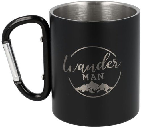 Spruchreif | Edelstahltasse mit Karabinerhaken Henkel mit Gravur „Wander Man“ in Schwarz Matt | Geschenk Wandern | Wander Geschenke