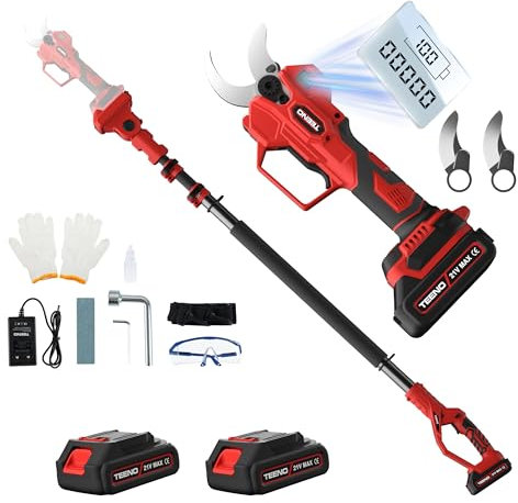 TEENO Forbice Potatura a Batteria 2-in-1 con Asta Estensibile da 2 metri, Potatore Elettrico Alimentato da Batteria 21V 2×2.0Ah, Diametro di Taglio di 40CM, Adatto per potare alberi.