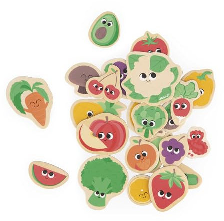 Janod 24 Imanes Magnéticos de Madera - Tema Frutas y Verduras - Juguete de Madera - óptimo para Pizarra o Nevera - Juego Magnético Educativo, para Manipular - A Partir de 2 Años