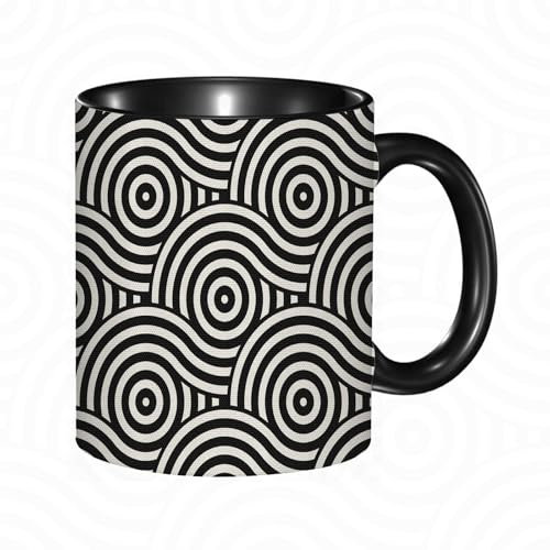 reyawdf 330ml Original Printed Ceramic Mug, Geometric Bullseye Circles Curved Lines Pattern Contemporary Style S,Durable Dishwasher-Safe Coffee Cup Unique Gift for Coffee & Tea Lovers Friends & Family
