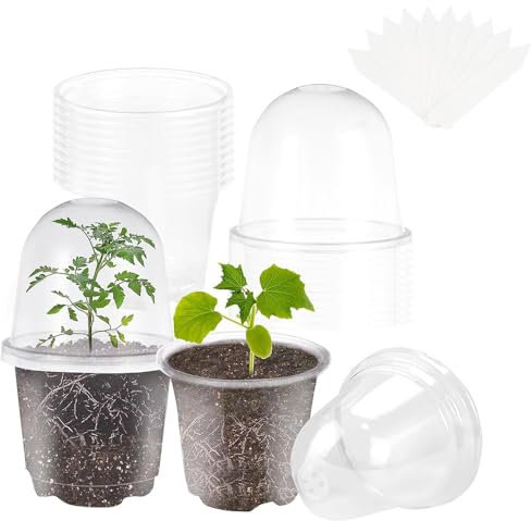 Voarge 10 Stück 10cm Anzuchttöpfe mit Feuchtigkeitskuppel und 10 Stück Pflanzenstecker, Orchideentopf, Rund Blumentöpfe für Samen, Setzlinge