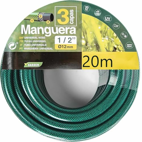TECHZOCO Manguera de jardín, Manguera de agua elástica y flexible, Fabricada en tela cruzada de poliéster, presión de rotura de 20 bar, 3 Capas, Diámetro 1/2 (12 mm), Verde, Longitud de 20 Metros