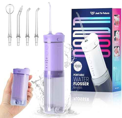 JTF Travel Water Flosser for Teeth Cordless, Mini Portable Oral Irrigator with 4 Modes, 5 Jet Tips, 230ml Water Tank, Ipx7 Waterproof Small Dental Teeth Electric Flosser for Teeth Gums, Purple