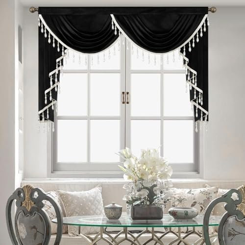 Leeva Black Velvet Valance, Vintage Waterfall Swag - Blackout Window Treatment with Crystal Bead Trim for Home Theater & Media Rooms, 59x43